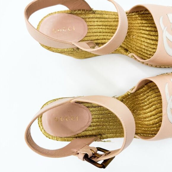 Gucci GG Pink Espadrille Gold Wedge Sandals EU 38, US 8 - Picture 8 of 10